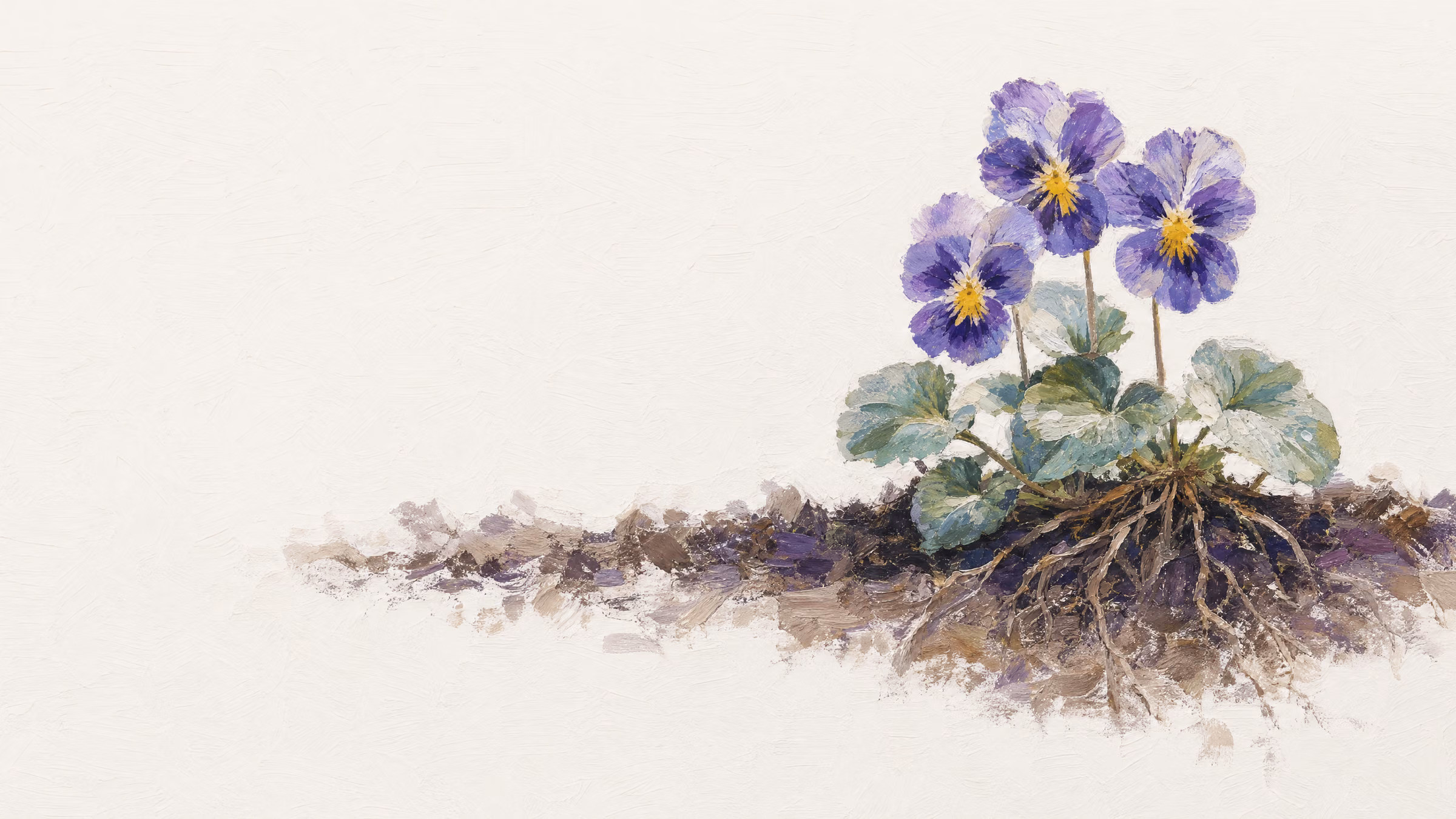 Three violet pansy faces open together, each with a dark blotch around a cream throat and a small gold eye, above the leaves and roots.